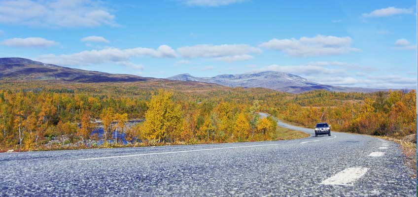 Väg i fjällandskap på hösten